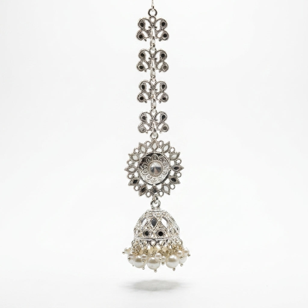 Oxidised silver maang tikka with paisley chain, floral kundan centrepiece and pearl drop jhumka — Behuli Australia