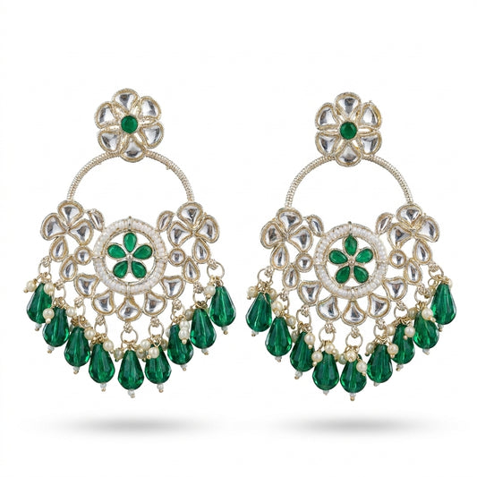 Emerald green Kundan chandbali earrings with pearl border and cascading green crystal bead drops — Behuli Australia