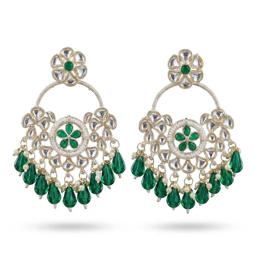 Emerald green Kundan chandbali earrings with pearl border and cascading green crystal bead drops — Behuli Australia