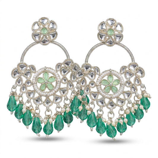 Silver kundan chandbali earrings with emerald green crystal drops and pearl beadwork — Behuli Australia