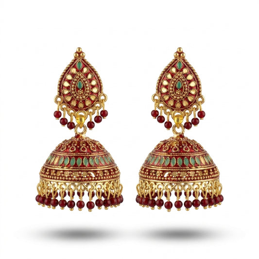 Crimson gold-plated meenakari jhumka earrings with kundan work and ruby red bead fringe — Behuli Australia
