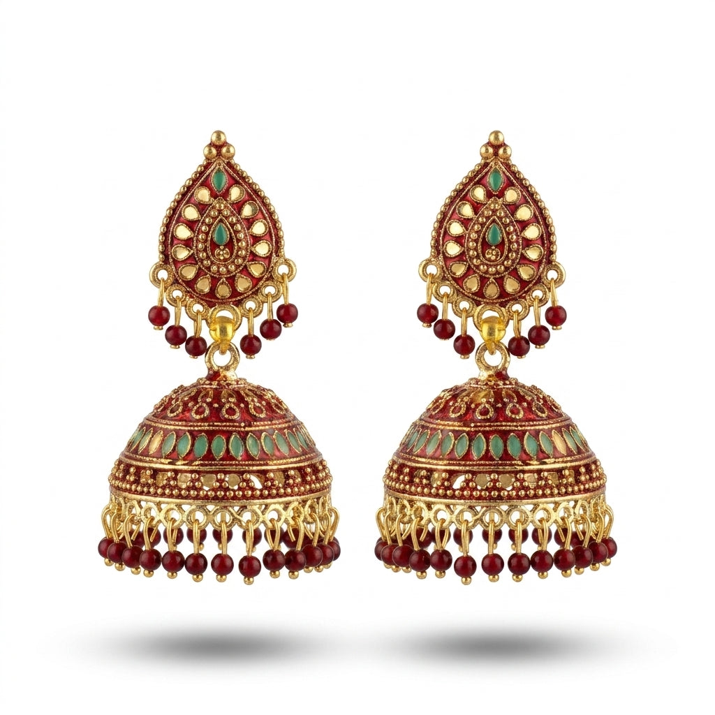Crimson gold-plated meenakari jhumka earrings with kundan work and ruby red bead fringe — Behuli Australia