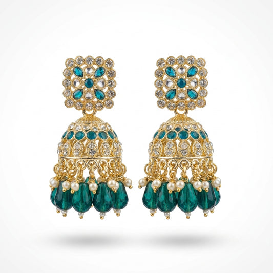 Teal and gold kundan jhumka earrings with emerald crystal teardrop drops and ivory pearl accents — Behuli Australia