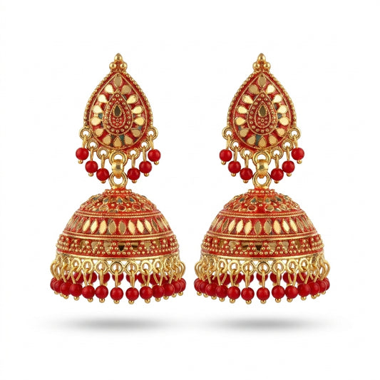 Red and gold meenakari jhumka earrings with coral bead drops and mirror inlay — Behuli Australia