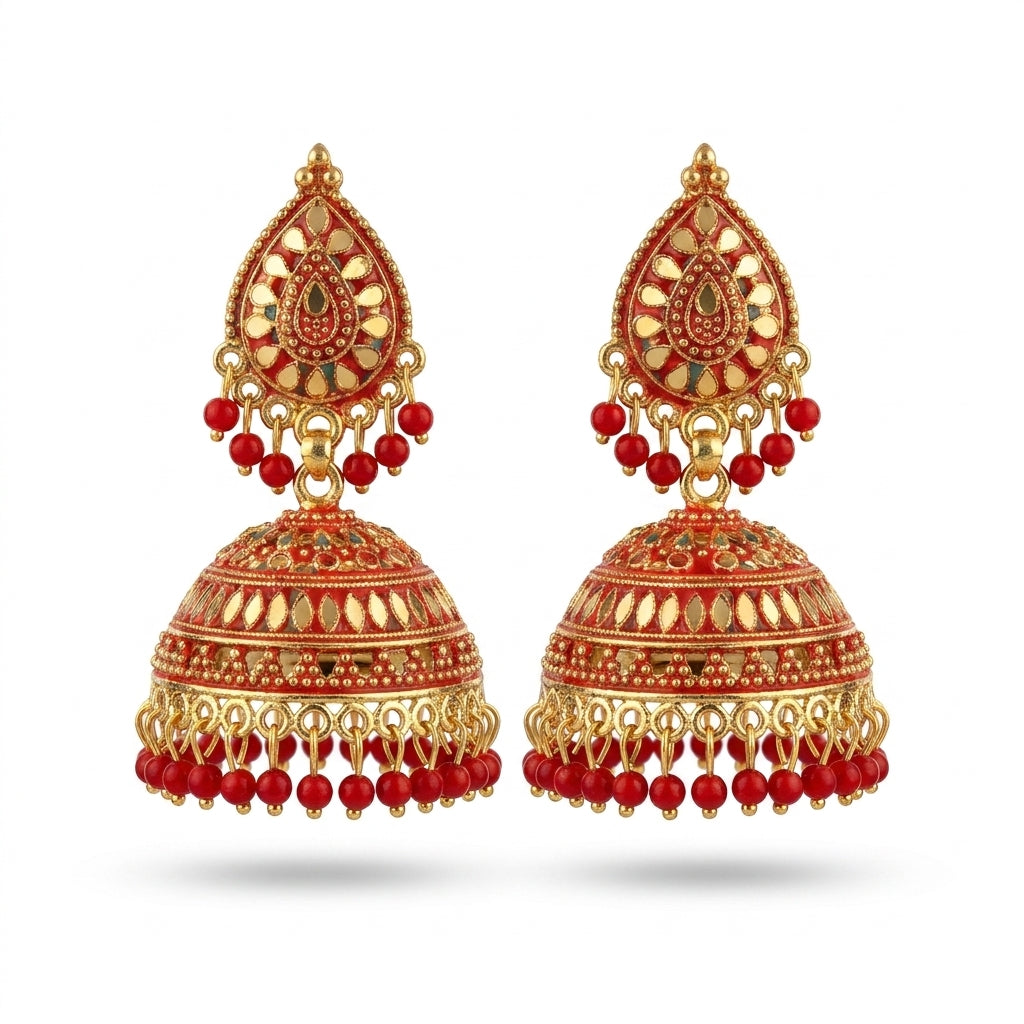 Red and gold meenakari jhumka earrings with coral bead drops and mirror inlay — Behuli Australia