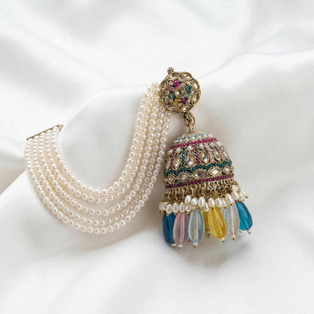 Gold-plated kundan meenakari jhumka earring with multi-strand pearl chain and multicolour gemstone tassel drops — Behuli