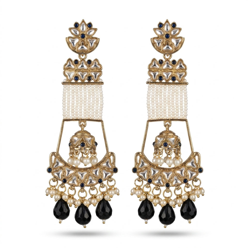 Gold-plated Kundan chandbali earrings with ivory pearl bead strands, jhumka centre and black teardrop drops — Behuli