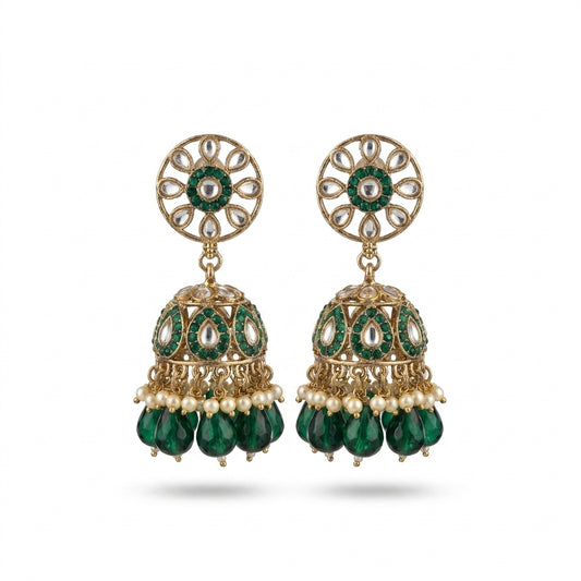 Emerald green and gold-plated kundan jhumka earrings with pearl and crystal bead drops — Behuli Australia