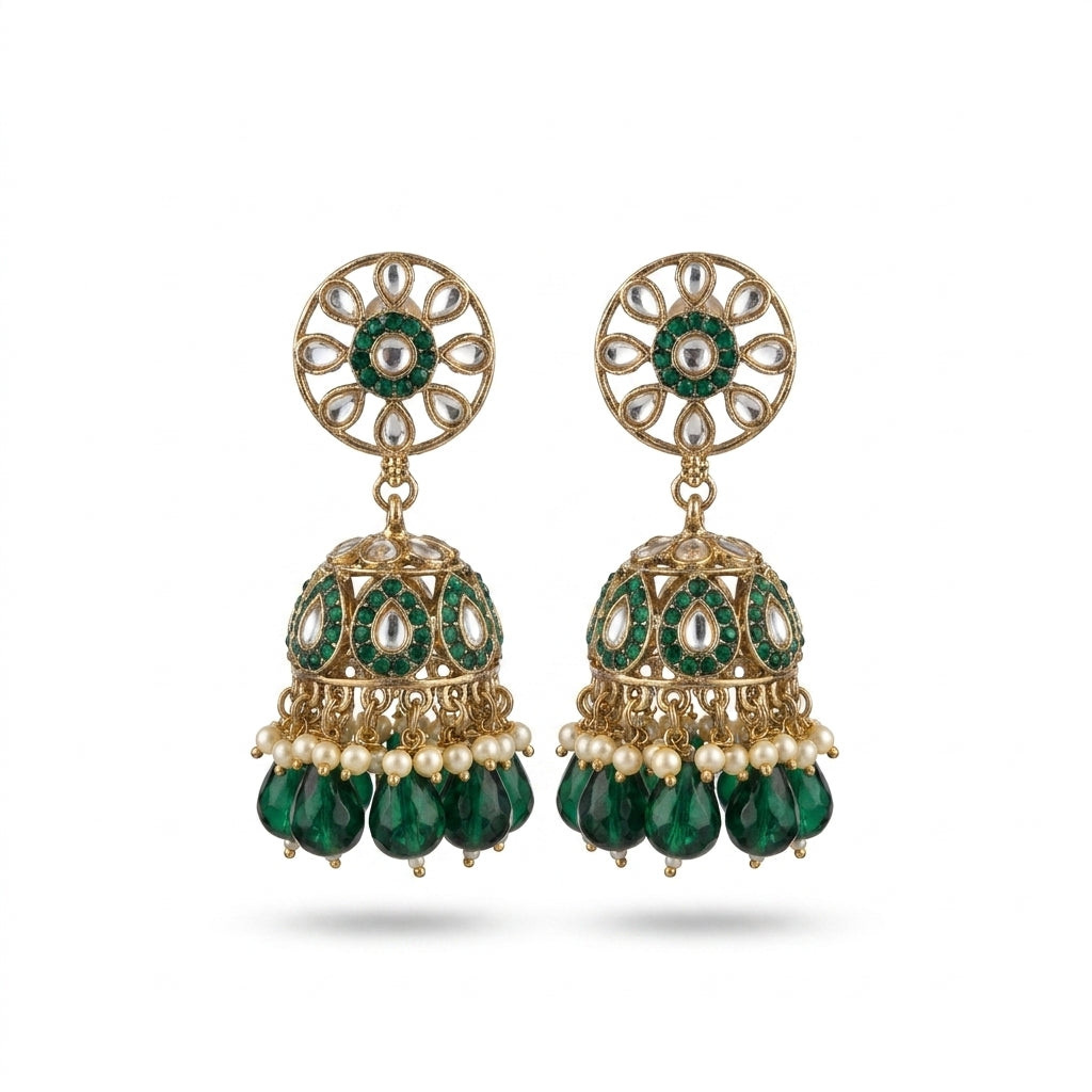 Emerald green and gold-plated kundan jhumka earrings with pearl and crystal bead drops — Behuli Australia