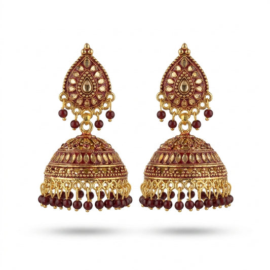 Maroon and gold-plated kundan meenakari jhumka earrings with ruby-red bead droplets — Behuli Australia