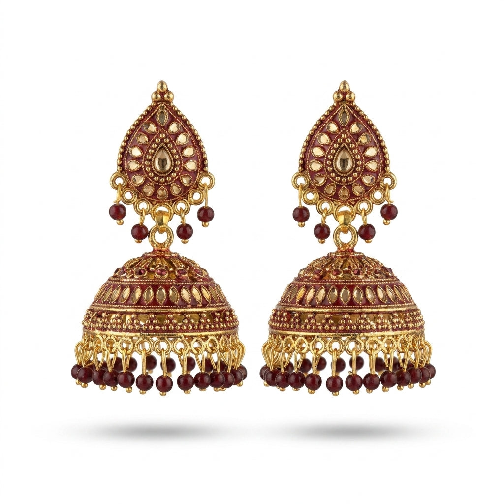 Maroon and gold-plated kundan meenakari jhumka earrings with ruby-red bead droplets — Behuli Australia