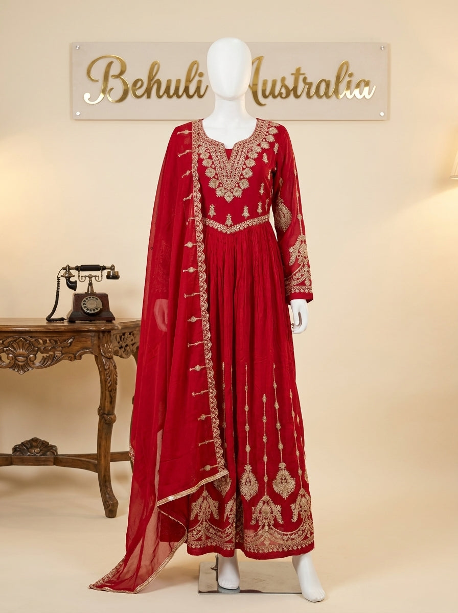 Crimson chinon silk Anarkali set with gold zari embroidery, full sleeves and matching red dupatta — Behuli Australia