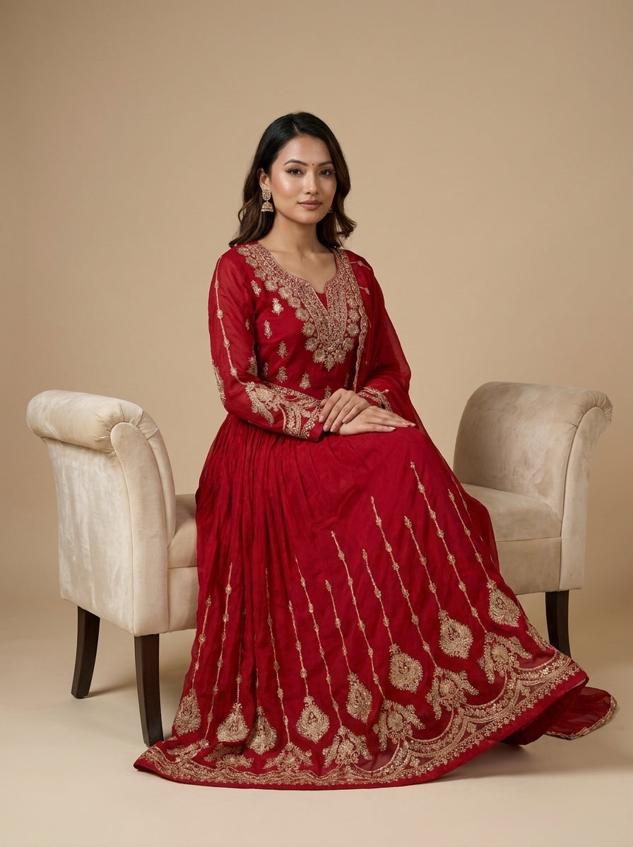 Crimson chinon silk Anarkali set with gold zari embroidery, full sleeves and matching red dupatta — Behuli Australia — view 3