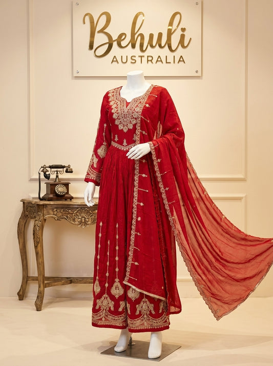 Crimson chinon silk Anarkali set with gold zari embroidery, full sleeves and matching red dupatta — Behuli Australia — view 2