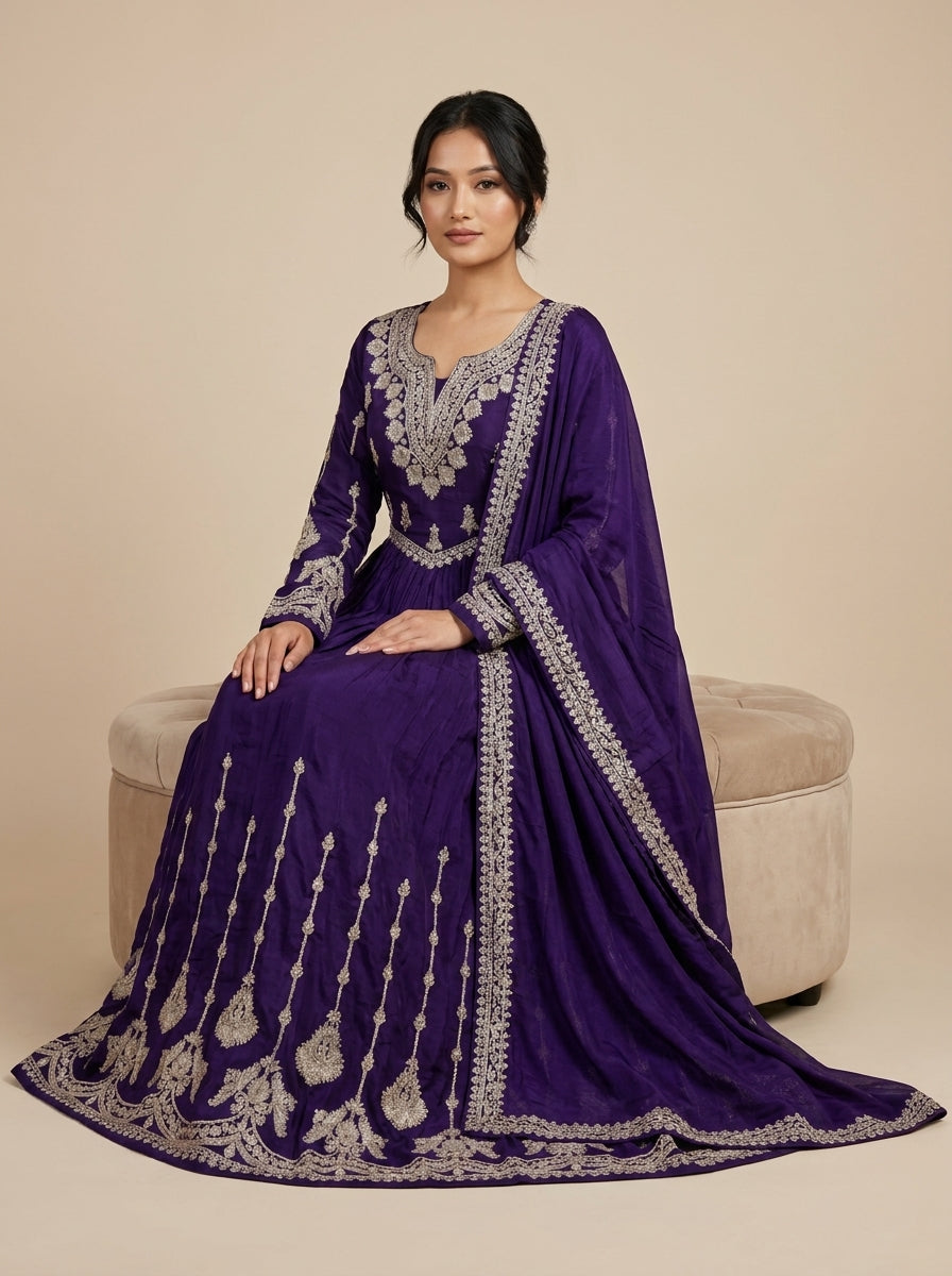 Crimson chinon silk Anarkali set with gold zari embroidery, full sleeves and matching red dupatta — Behuli Australia — view 4