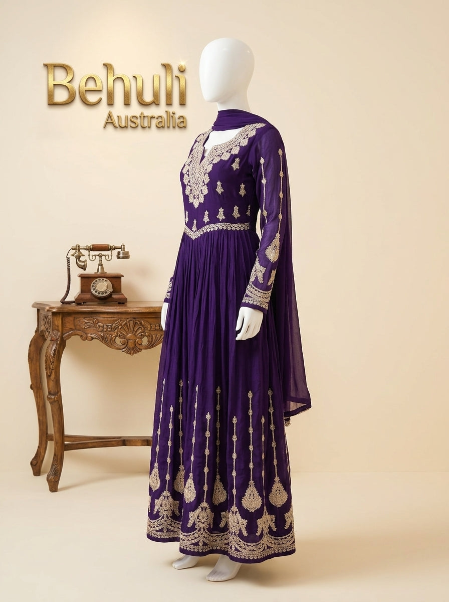 Crimson chinon silk Anarkali set with gold zari embroidery, full sleeves and matching red dupatta — Behuli Australia — view 5