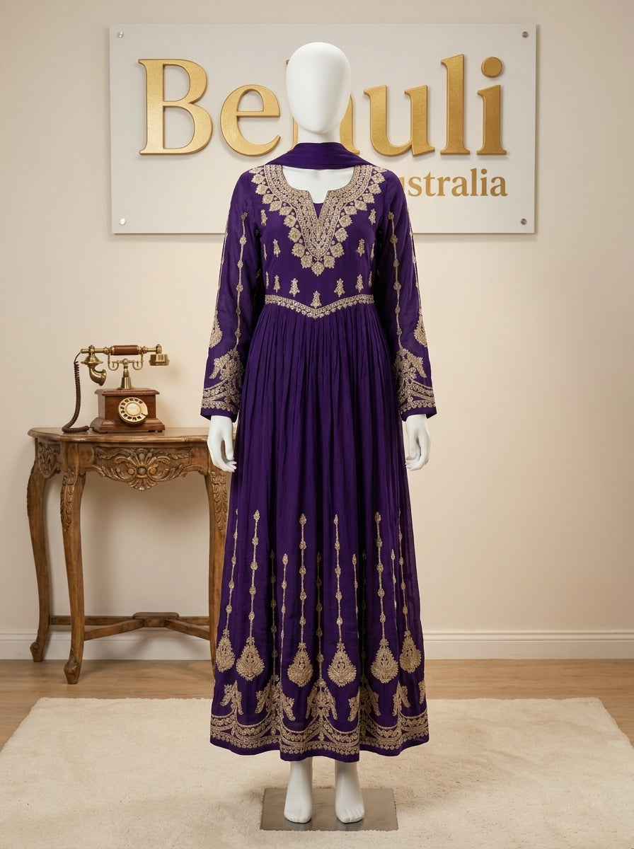 Crimson chinon silk Anarkali set with gold zari embroidery, full sleeves and matching red dupatta — Behuli Australia — view 6