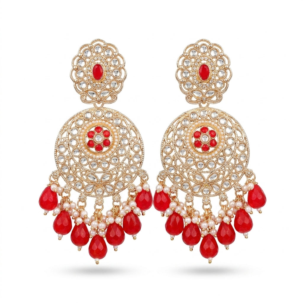 Red and gold kundan chandbali earrings with ruby crystal teardrop drops and pearl clusters — Behuli Australia