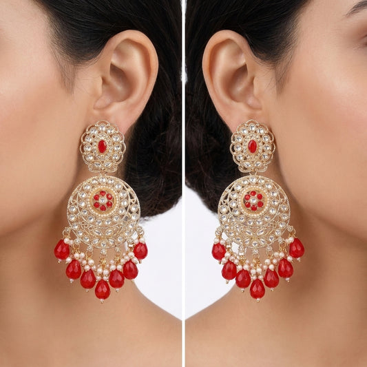 Red and gold kundan chandbali earrings with ruby crystal teardrop drops and pearl clusters — Behuli Australia — view 2