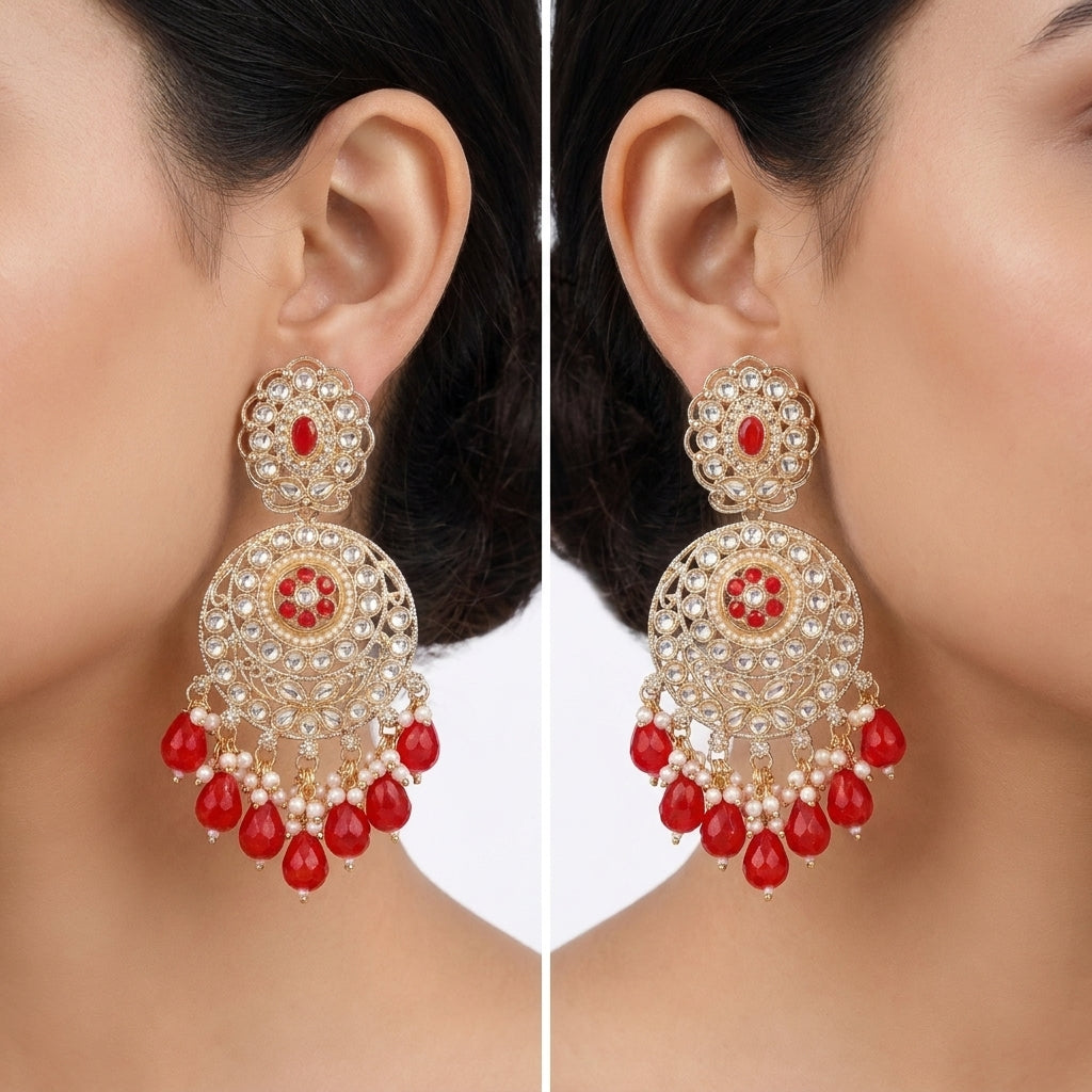 Red and gold kundan chandbali earrings with ruby crystal teardrop drops and pearl clusters — Behuli Australia — view 2