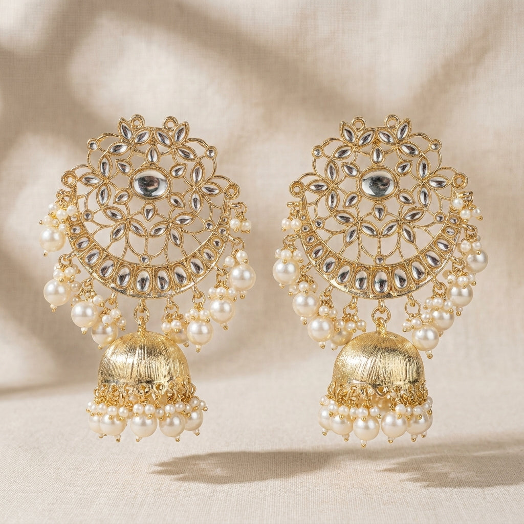 Gold-plated kundan filigree chandbali jhumka earrings with cascading ivory pearl drops — Behuli Australia