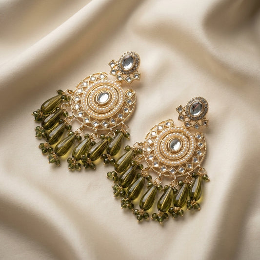 Olive green gold-plated kundan chandbali earrings with pearl detailing and glass teardrop bead drops — Behuli Australia