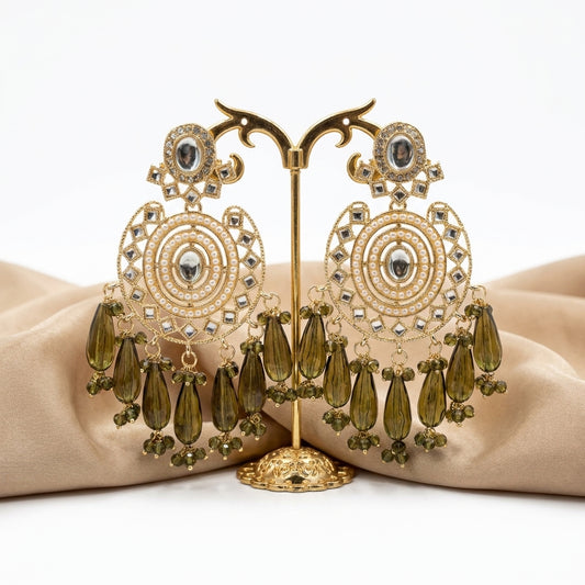 Olive green gold-plated kundan chandbali earrings with pearl detailing and glass teardrop bead drops — Behuli Australia — view 2