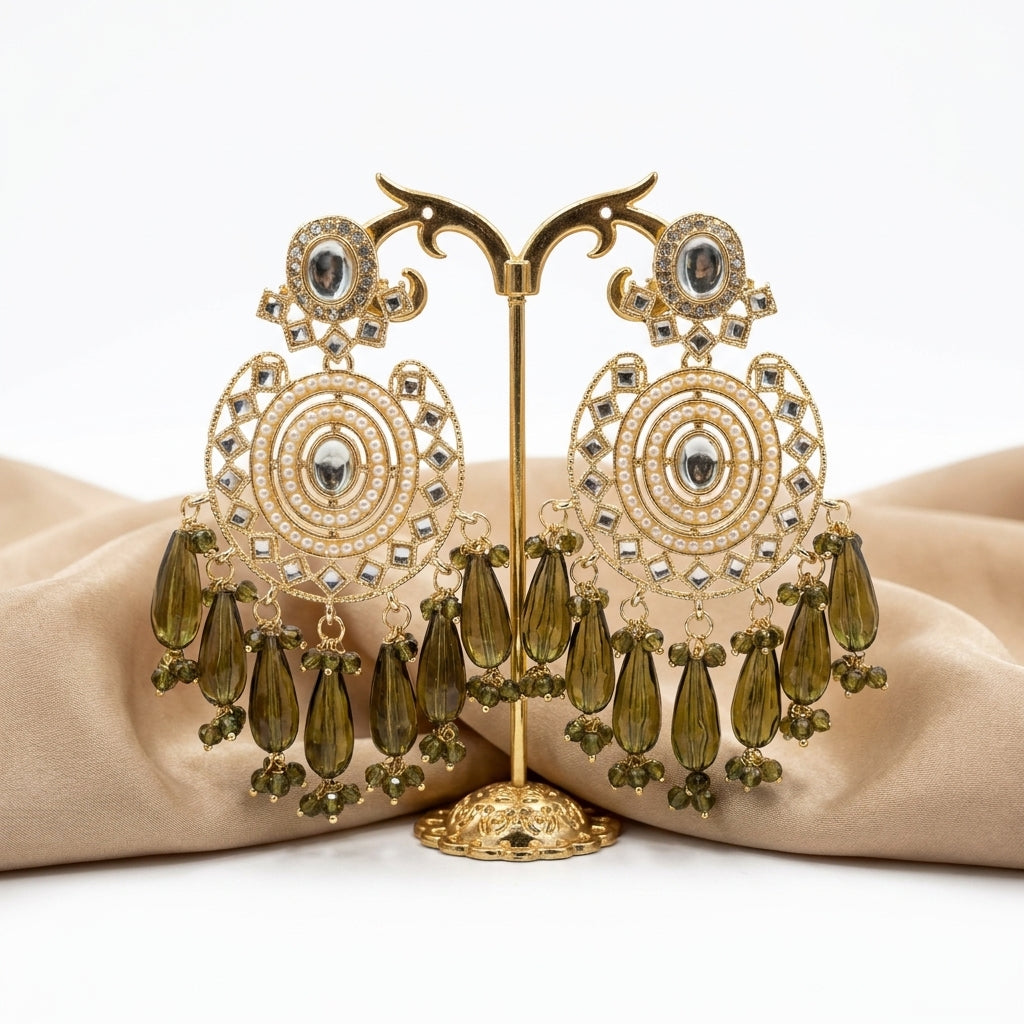 Olive green gold-plated kundan chandbali earrings with pearl detailing and glass teardrop bead drops — Behuli Australia — view 2