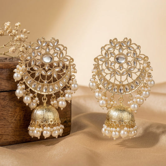 Gold-plated kundan filigree chandbali jhumka earrings with cascading ivory pearl drops — Behuli Australia — view 2