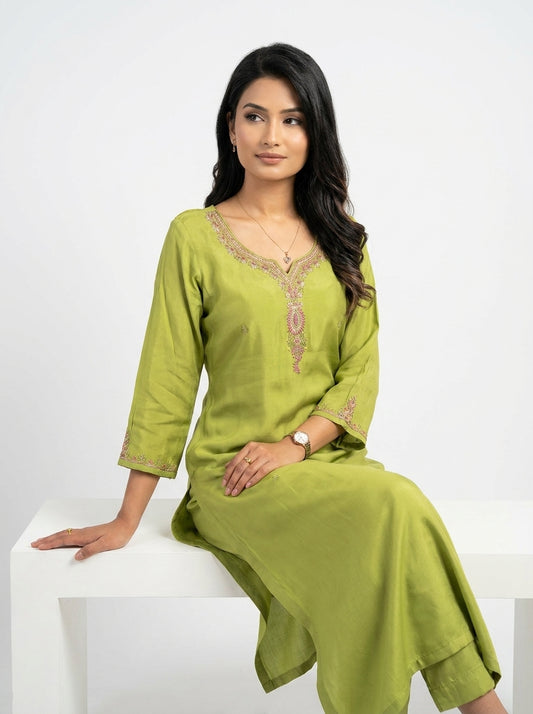 Olive green raw silk kurti set with pink and gold zari resham embroidery at neckline and sleeves — Behuli Australia