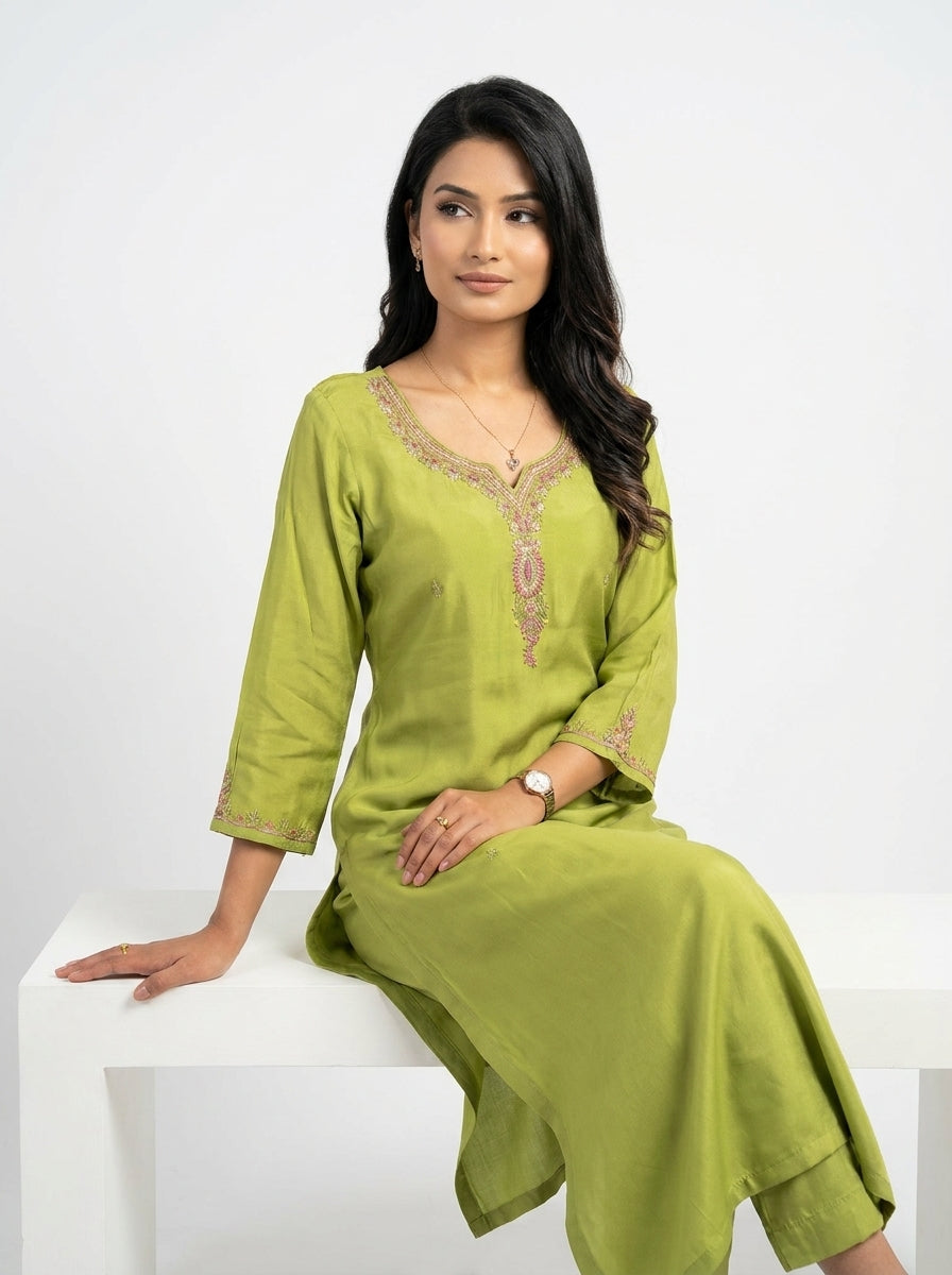 Olive green raw silk kurti set with pink and gold zari resham embroidery at neckline and sleeves — Behuli Australia