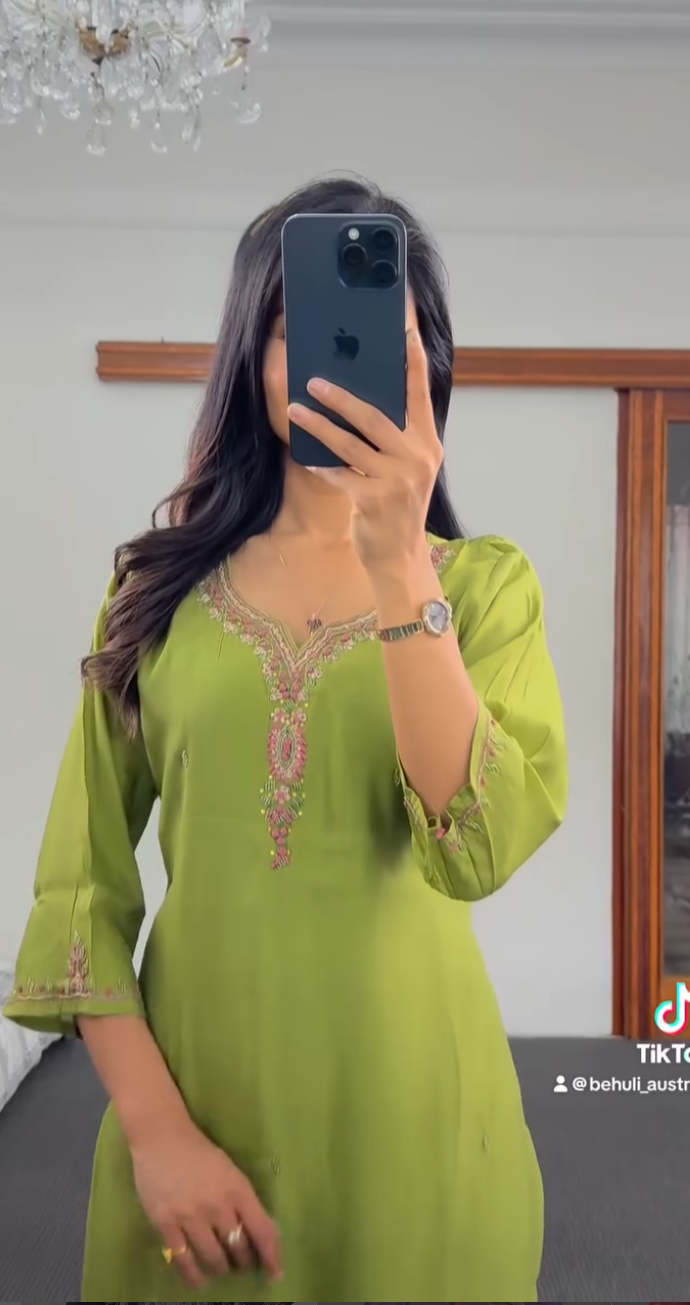 Olive green raw silk kurti set with pink and gold zari resham embroidery at neckline and sleeves — Behuli Australia — view 4
