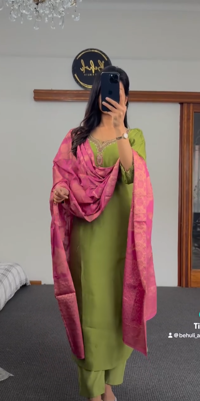 Olive green raw silk kurti set with pink and gold zari resham embroidery at neckline and sleeves — Behuli Australia — view 3