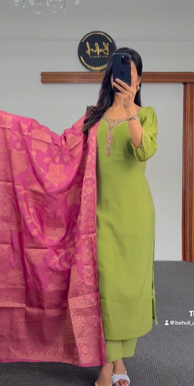 Olive green raw silk kurti set with pink and gold zari resham embroidery at neckline and sleeves — Behuli Australia — view 2