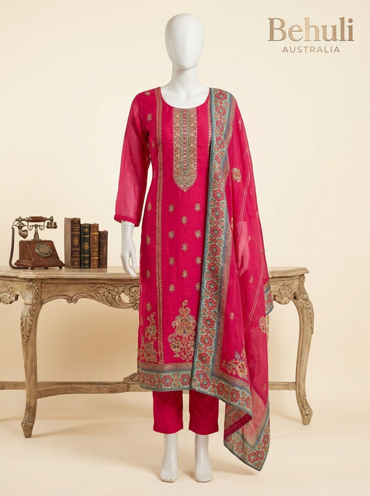 Fuchsia cotton silk Rajasthani kurti set with gold zari embroidery and teal printed dupatta — Behuli Australia
