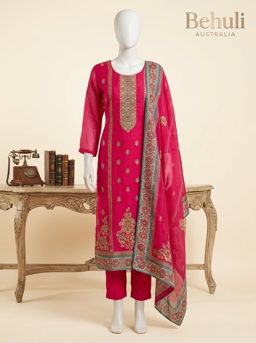 Fuchsia cotton silk Rajasthani kurti set with gold zari embroidery and teal printed dupatta — Behuli Australia
