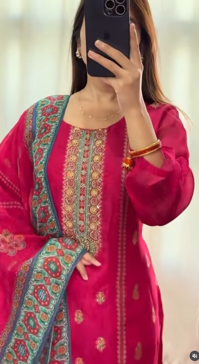 Fuchsia cotton silk Rajasthani kurti set with gold zari embroidery and teal printed dupatta — Behuli Australia — view 3