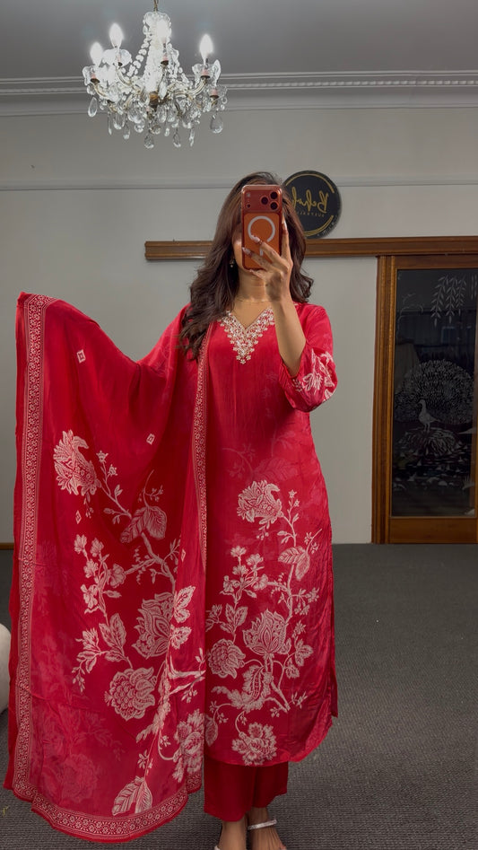 Crimson red floral block print kurti set with white motifs, bead neckline embellishment and matching printed dupatta —