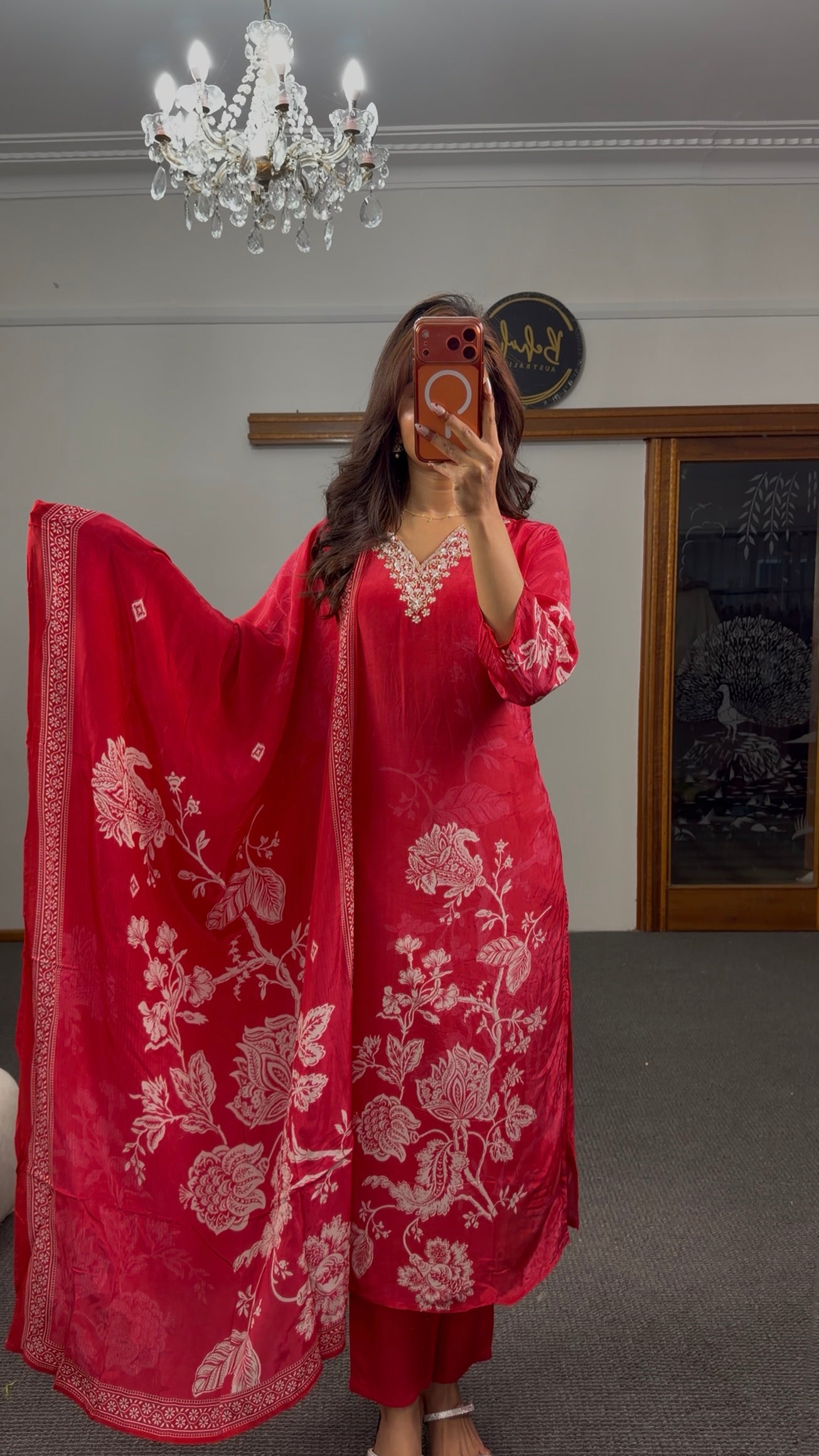 Crimson red floral block print kurti set with white motifs, bead neckline embellishment and matching printed dupatta —