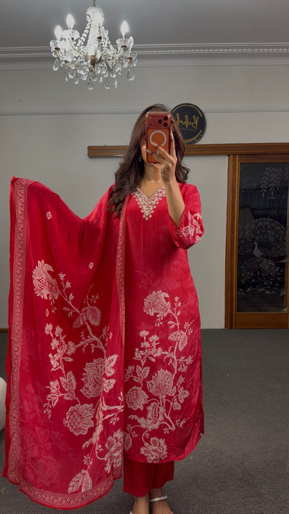 Crimson red floral block print kurti set with white motifs, bead neckline embellishment and matching printed dupatta —