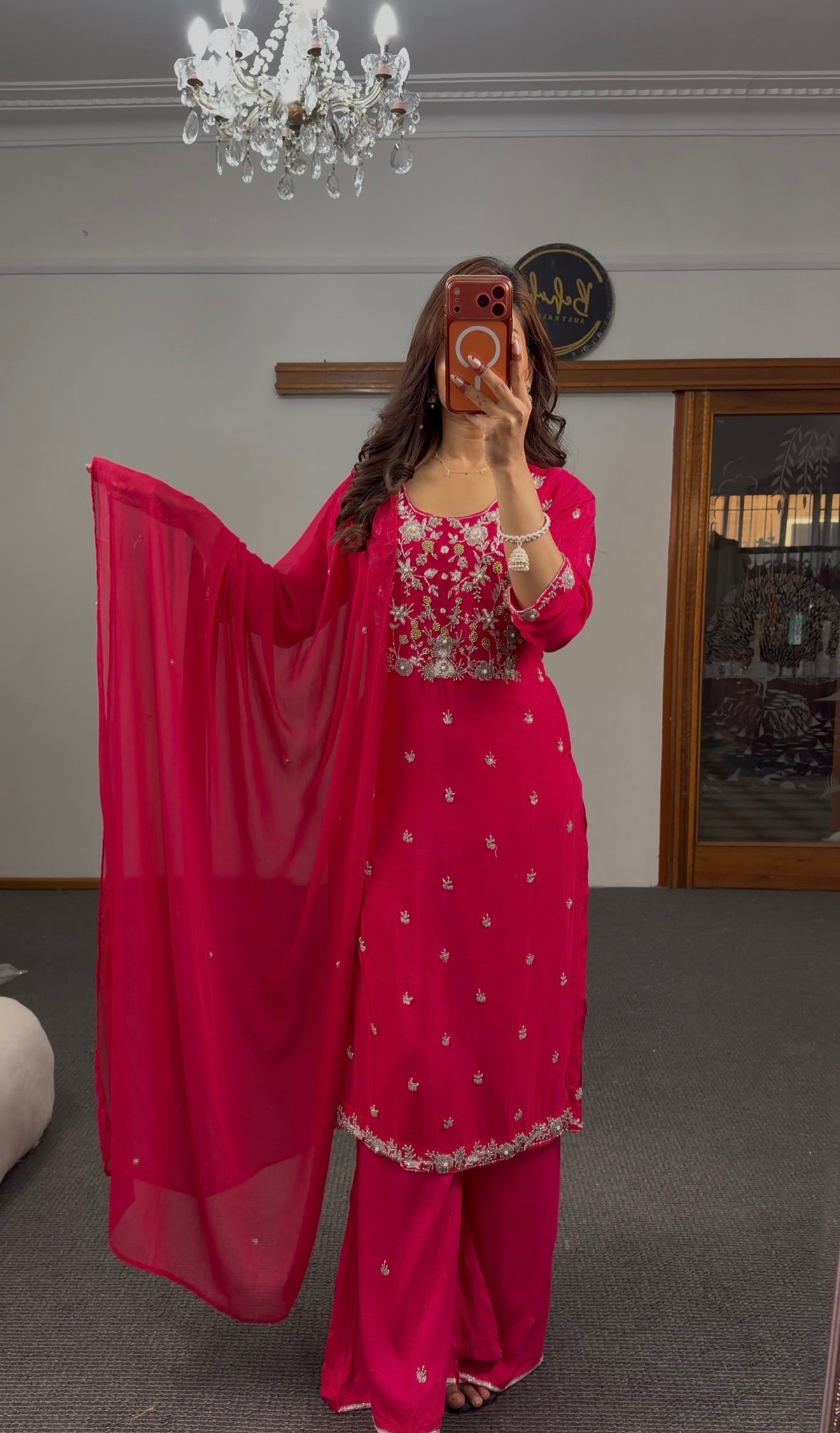Fuchsia georgette palazzo kurti set with silver zari floral embroidery and matching sheer dupatta — Behuli Australia
