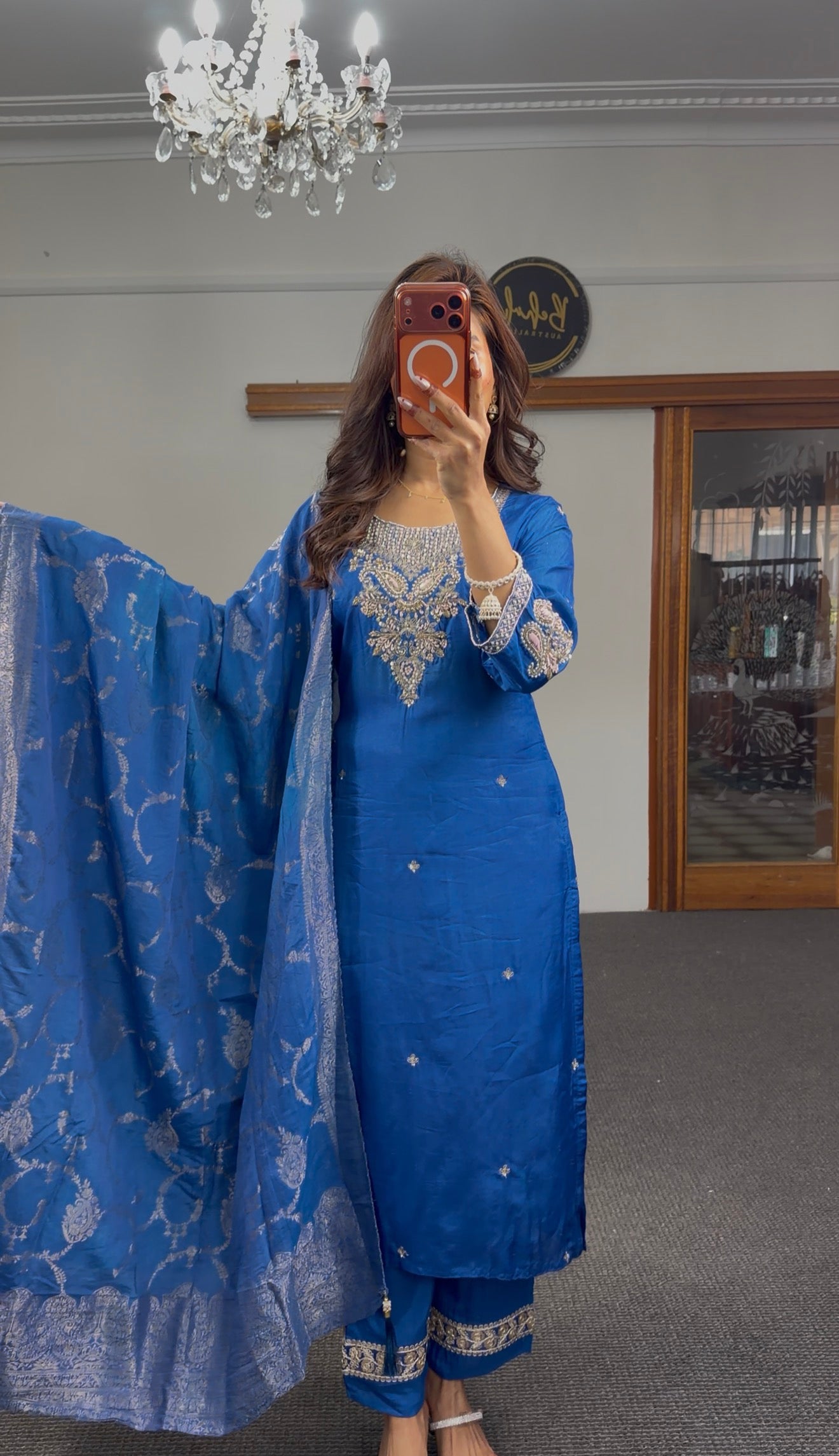 Cobalt blue raw silk kurti set with zari kundan embroidery and Banarasi silk dupatta — Behuli Australia