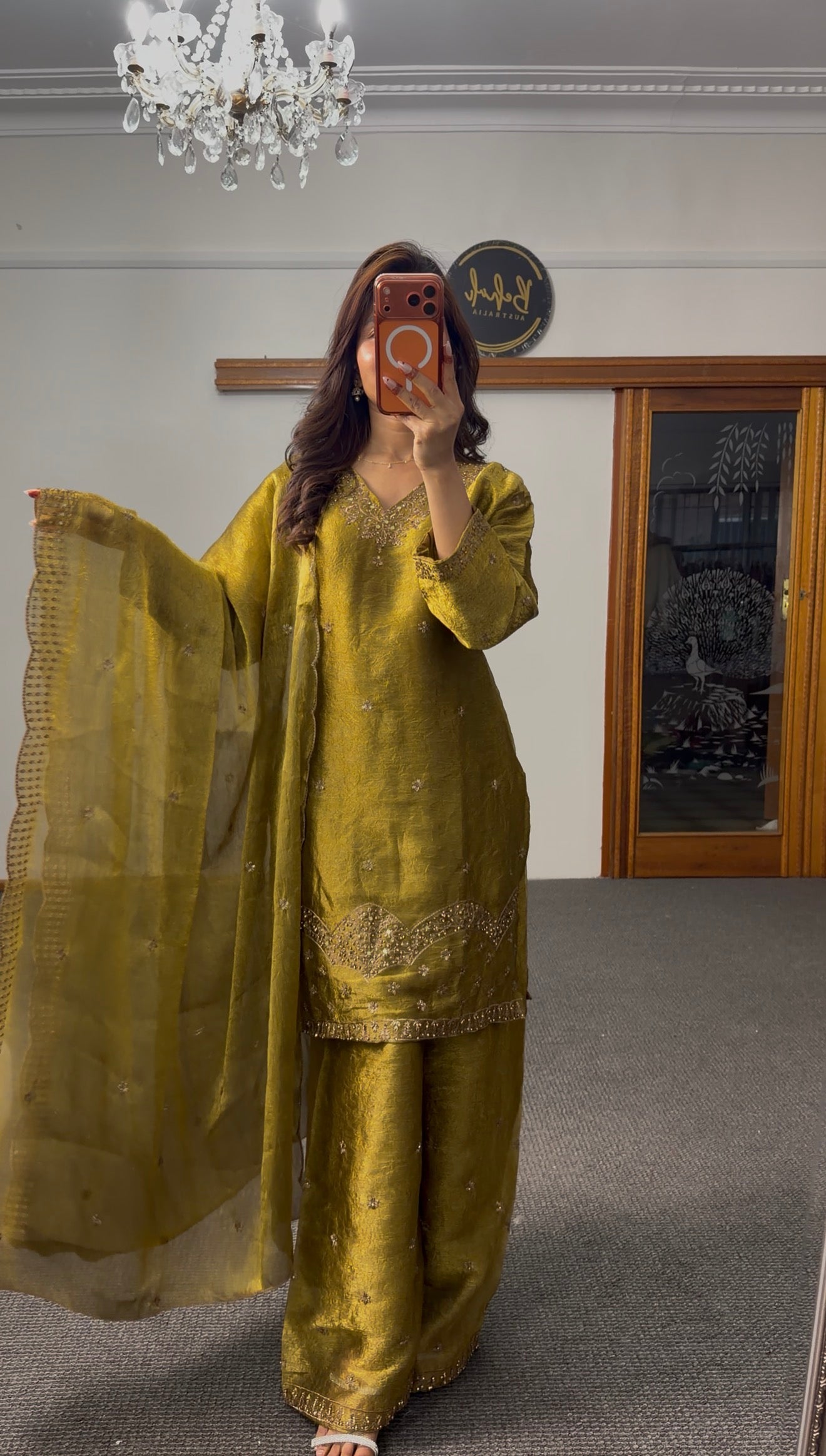 Olive green raw silk palazzo suit set with zari beadwork embroidery and matching organza dupatta — Behuli Australia