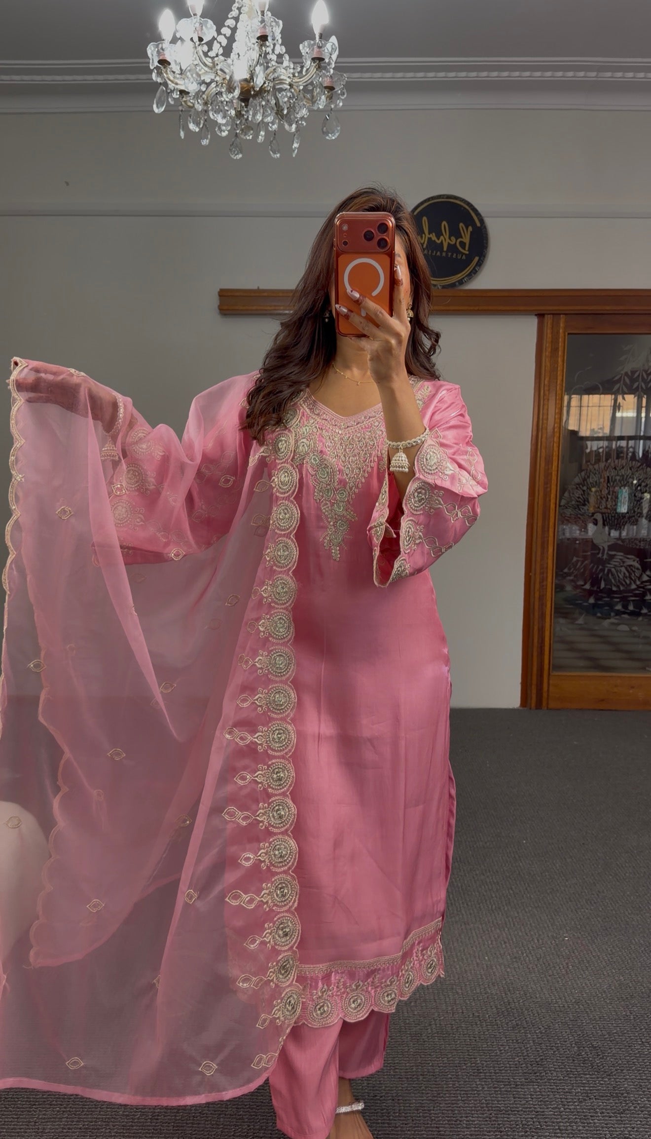Blush pink satin kurti set with gold zari embroidery, bell sleeves and scalloped organza dupatta — Behuli Australia