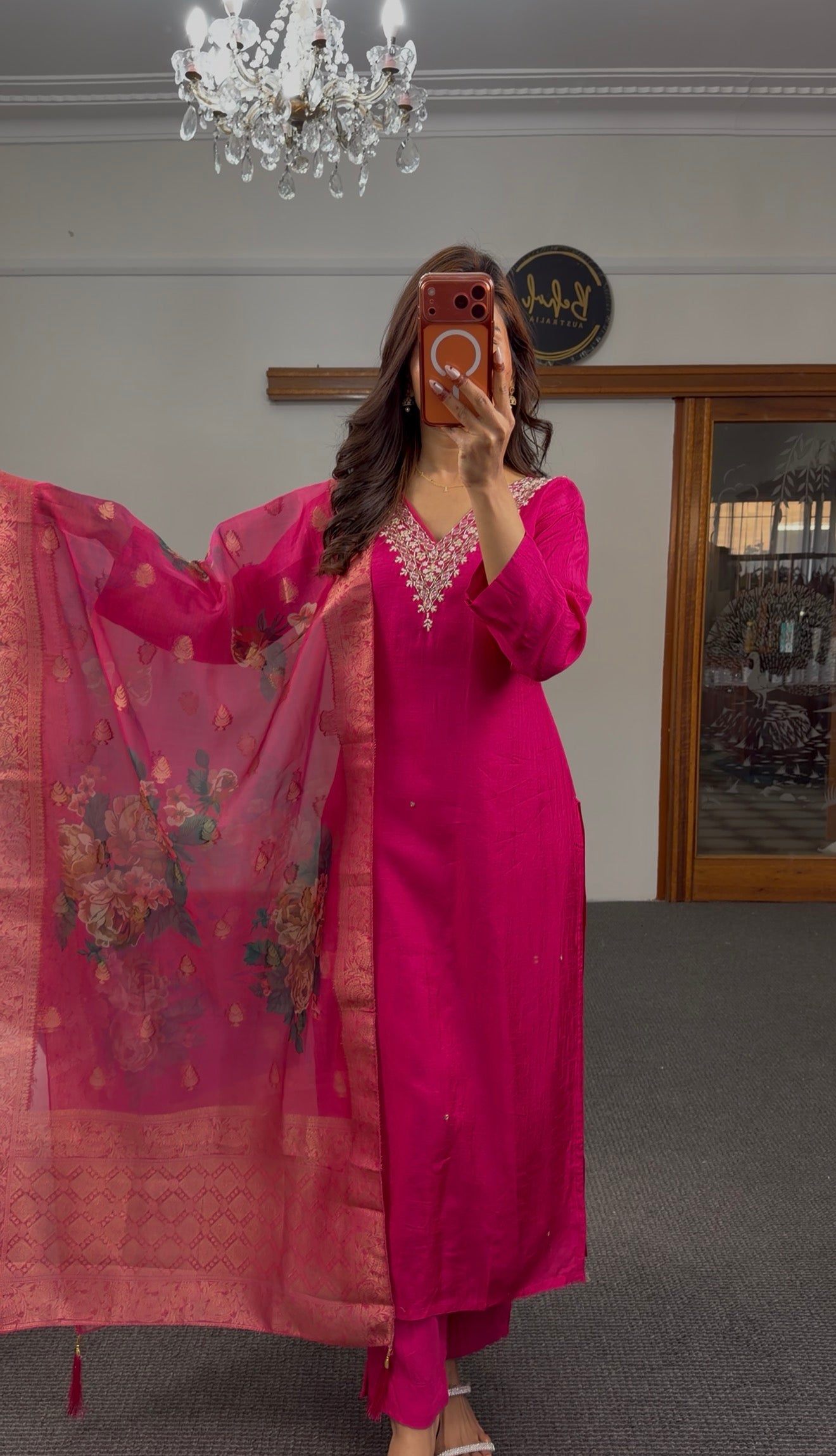 Fuchsia raw silk kurti set with zari resham embroidered neckline and organza floral print Banarasi dupatta — Behuli Australia