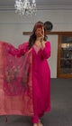 Fuchsia Raw Silk Kurti Set with Zari Neckline & Floral Dupatta