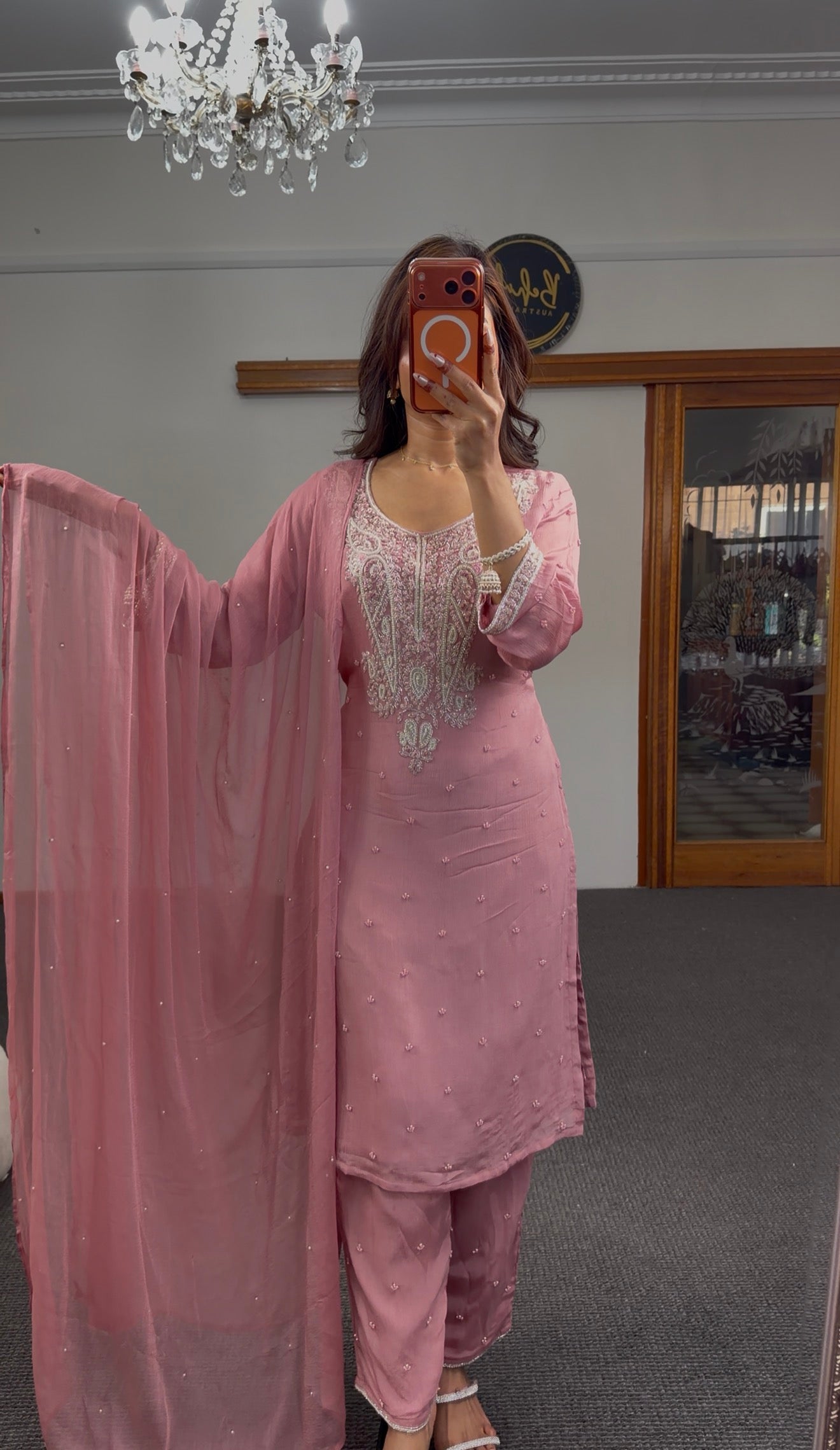 Dusty rose georgette kurti set with white chikankari embroidery, pearl scatter work and matching dupatta — Behuli Australia