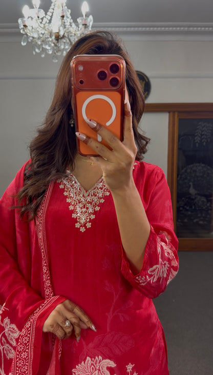 Crimson red floral block print kurti set with white motifs, bead neckline embellishment and matching printed dupatta — — view 2