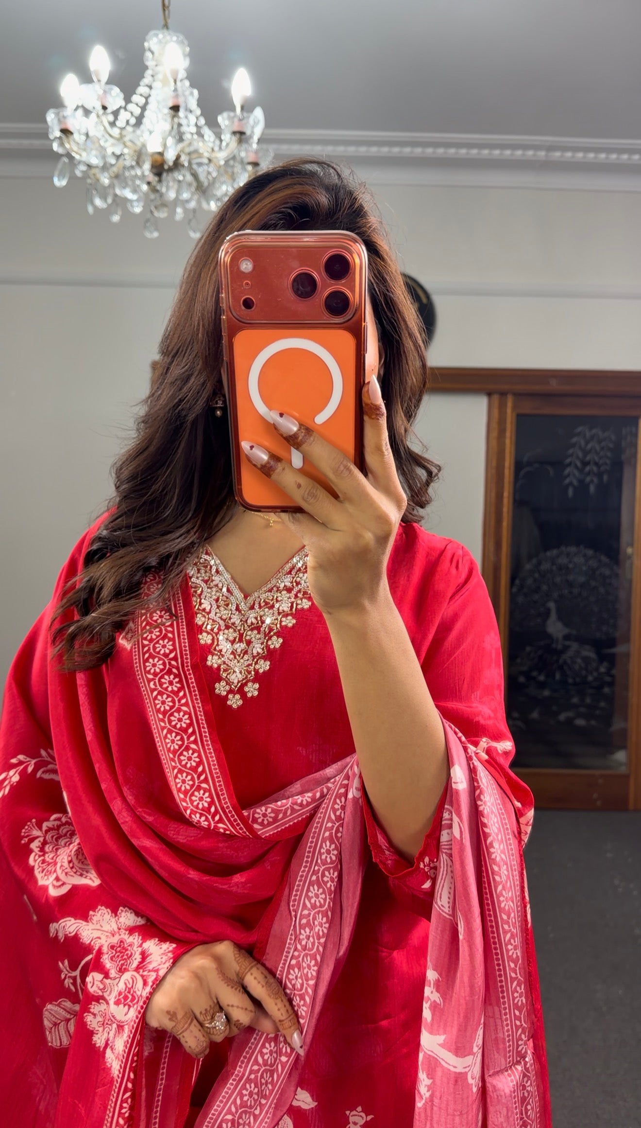 Crimson red floral block print kurti set with white motifs, bead neckline embellishment and matching printed dupatta — — view 3