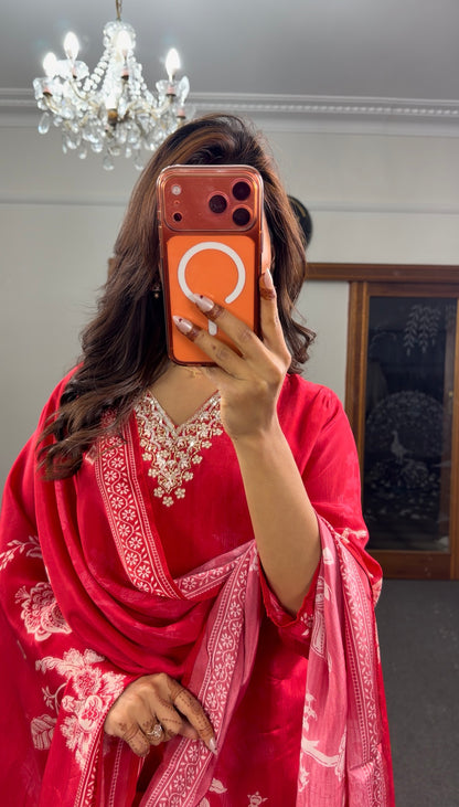Crimson red floral block print kurti set with white motifs, bead neckline embellishment and matching printed dupatta — — view 3